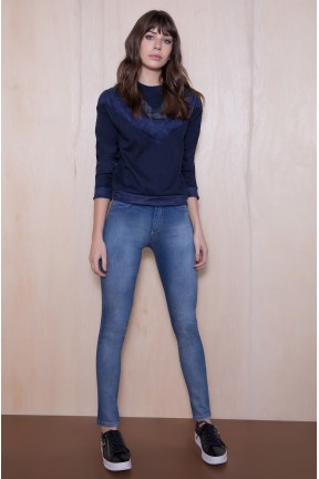 Moletom Jeans Feminino Azul com Recorte Xadrez