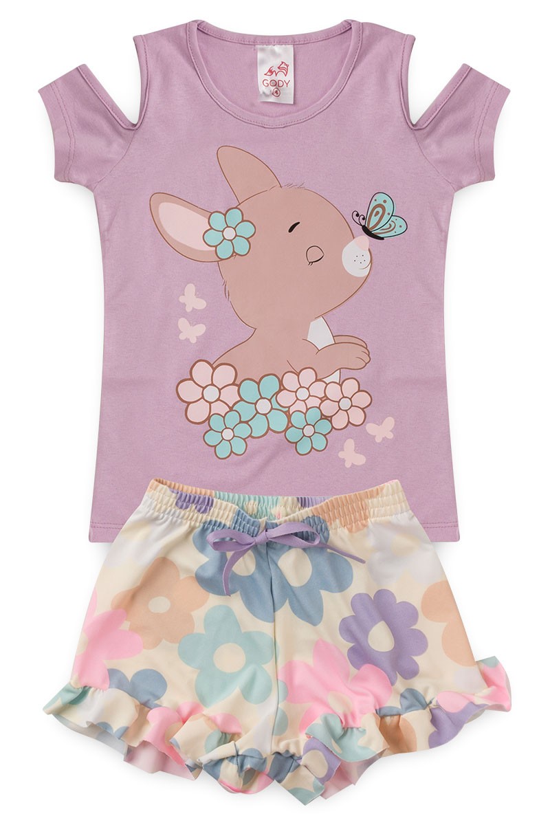 Conjunto Infantil Menina Coelho e Borboleta Shorts Flor Babadinho