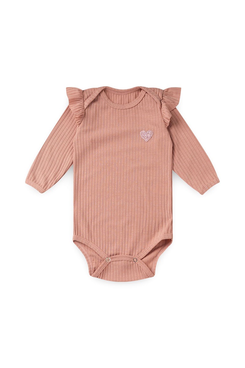 Conjunto Body Bebe Canelado Coracao com Faixa e Calca Rose Rose