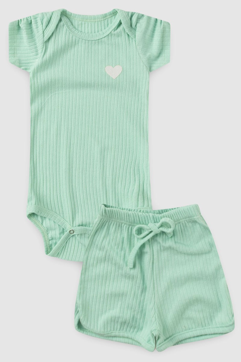 Conjunto Body Bebe Menina Canelado Shorts Coracao Brilho Verde Agua