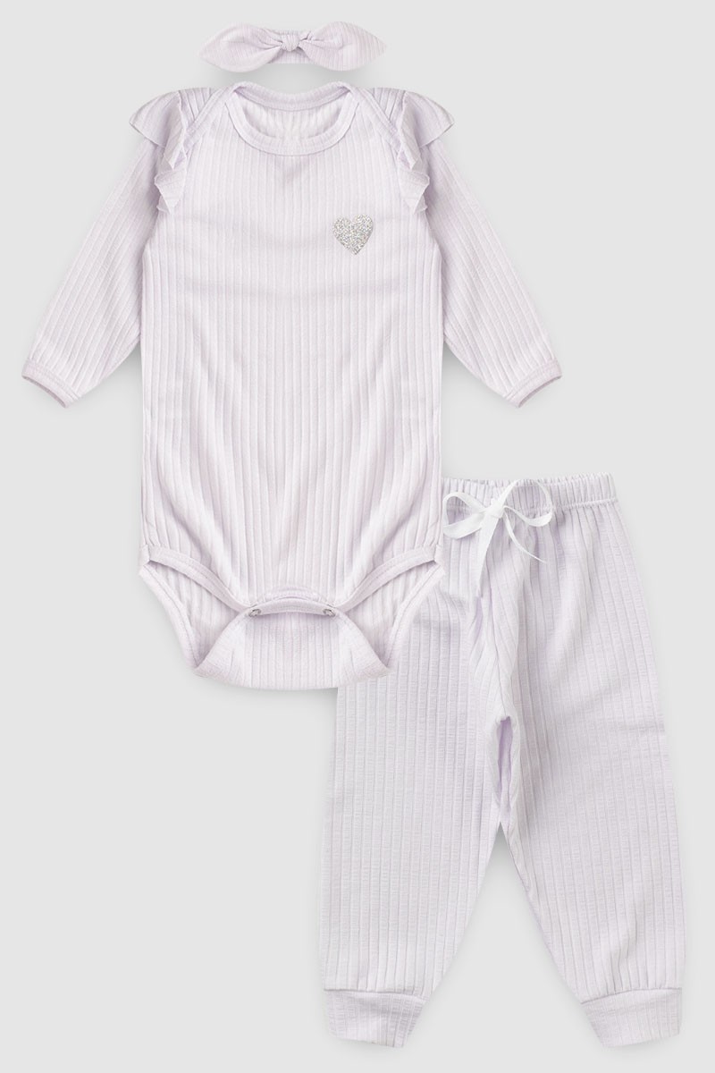 Conjunto Body Bebe Menina Canelado Coracao Brilho com Faixa e Calca Rose