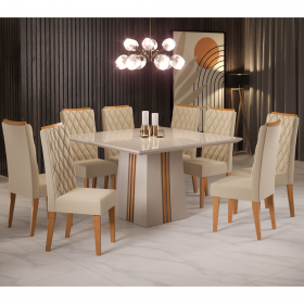 Mesa de Jantar Quadrada Sonhare com 8 Cadeiras Iza Off White/Mel/Bege/Vd Off White - Casa Giulia