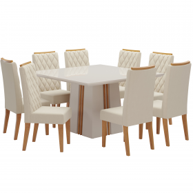 Mesa de Jantar Quadrada Sonhare com 8 Cadeiras Iza Off White/Mel/Bege/Vd Off White - Casa Giulia