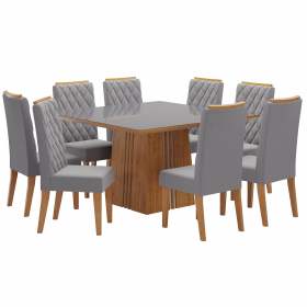 Mesa de Jantar Quadrada Sonhare com 8 Cadeiras Iza Mel/Cinza/Vd Grafite - Casa Giulia