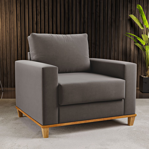 Poltrona Decorativa Pés de Madeira Lizzie Grafite - Casa Giulia