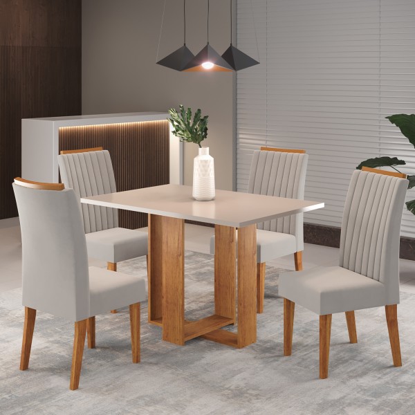 Mesa de Jantar Retangular Iluminata com 4 Cadeiras Fran Mel/Blonde/Marfim - Casa Giulia