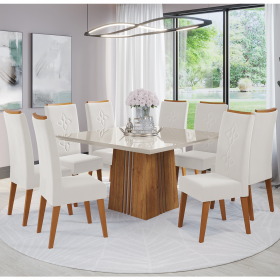 Mesa de Jantar Carmel com 8 Cadeiras Flora em Madeira Maciça Mel Off White V.marfim Casa Giulia