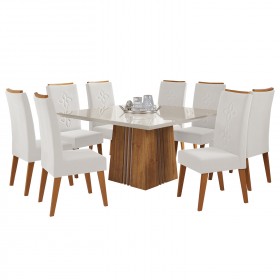 Mesa de Jantar Quadrada Carmel com 8 Cadeiras Flora em Madeira Maciça Mel/Off White/V.marfim - Casa Giulia