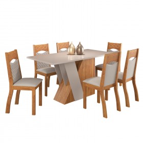 Mesa de Jantar Retangular Grenda com 6 Cadeiras Pietra Mel/Blonde/Veludo Marfim - Casa Giulia