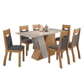 Mesa de Jantar Retangular Grenda com 6 Cadeiras Pietra  Mel/Blonde/Veludo Grafite - Casa Giulia