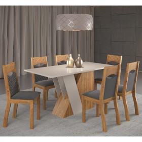 Mesa de Jantar Retangular Grenda com 6 Cadeiras Pietra  Mel/Blonde/Veludo Grafite - Casa Giulia