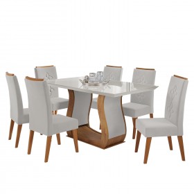 Mesa de Jantar Retangular Mozer com 6 Cadeiras Flora em Madeira Maciça Mel/Off White/Marfim - Casa Giulia