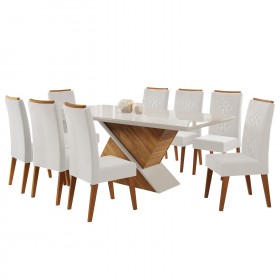 Mesa de Jantar Retangular Otis com 8 Cadeiras Flora em Madeira Maciça Mel/Off White/Marfim - Casa Giulia