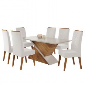 Mesa de Jantar Retangular Patagonia com 6 Cadeiras Flora em Madeira Maciça Mel/Blonde/Marfim - Casa Giulia