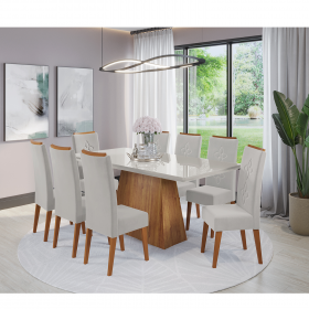 Mesa de Jantar Retangular Perini com 8 Cadeiras Flora em Madeira Maciça  Mel/Vd Off White/Marfim - Casa Giulia