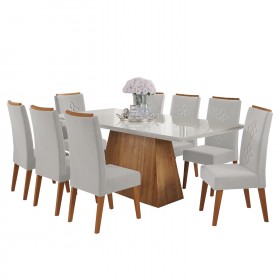 Mesa de Jantar Retangular Perini com 8 Cadeiras Flora em Madeira Maciça  Mel/Vd Off White/Marfim - Casa Giulia