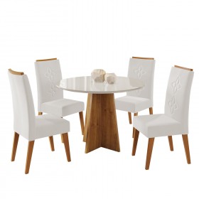 Mesa de Jantar Redonda Viana com 4 Cadeiras Flora em Madeira Maciça  Mel/Marfimvd Off White - Casa Giulia