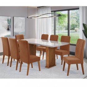 Conjunto Sala de Jantar Zuri Mesa 200x90cm Tampo com Vidro e 8 Cadeiras Flora Mel/Off White/Terracota - Casa Giulia