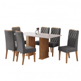 Conjunto Sala de Jantar Portinar Mesa 160x80cm Tampo sem Vidro e 6 Cadeiras Iza Mel/Blonde/Cinza - Casa Giulia
