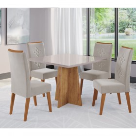 Conjunto Sala de Jantar Salvador Mesa 90x90cm Tampo com Vidro e 4 Cadeiras Flora Mel/Off White/Pastel - Casa Giulia