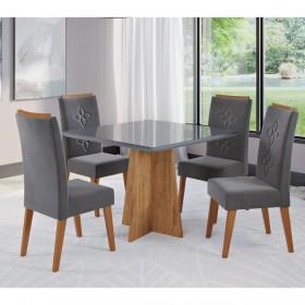 Conjunto Sala de Jantar Salvador Mesa 90x90cm Tampo com Vidro e 4 Cadeiras Flora Mel/Grafite/Cinza - Casa Giulia