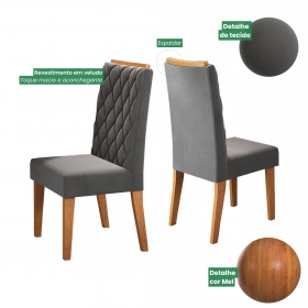 Kit com 2 Cadeiras Munique Pés em Mdf Mel/Cinza - Casa Giulia