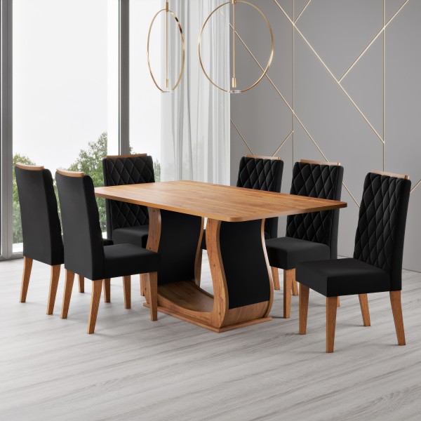 Conjunto Sala de Jantar Serenata Mesa 160x80cm e 6 Cadeiras Iza Mel/Preto- Casa Giulia