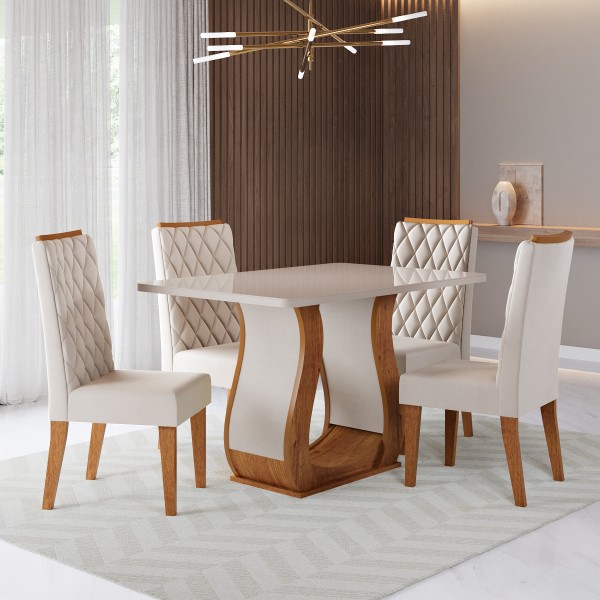 Conjunto Sala de Jantar Serenata Mesa 120x80cm e 4 Cadeiras Iza Mel/Off White/Bege - Casa Giulia