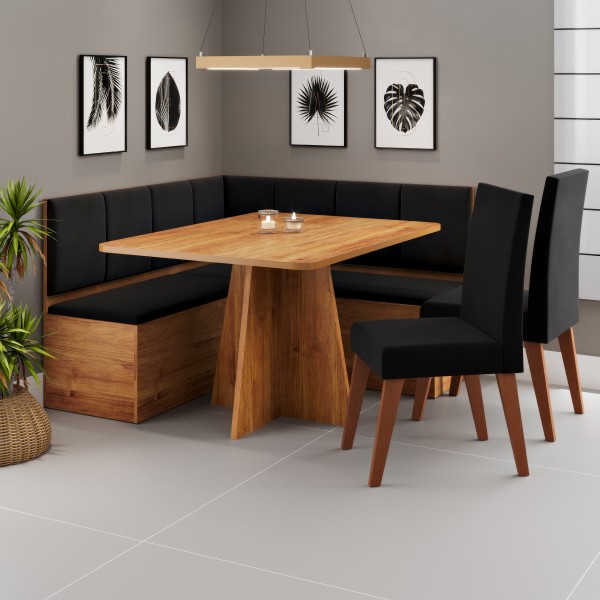 Conjunto Canto Alemão Baú Prestigio com Mesa 120x80cm e 2 Cadeiras Milao Mel Veludo Preto - Casa Giulia