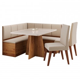 Conjunto Canto Alemão Baú Prestigio Mesa 120x80cm e 2 Cadeiras Milão Mel/Off White/Linho Bronze - Casa Giulia