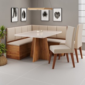 Conjunto Canto Alemão Baú Prestigio Mesa 120x80cm e 2 Cadeiras Milão Mel/Off White/Linho Bronze - Casa Giulia