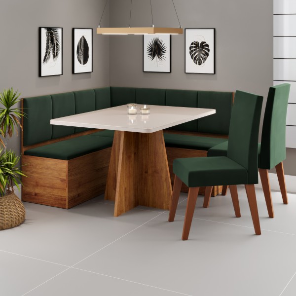 Conjunto Canto Alemão Baú Prestigio Mesa 120x80cm e 2 Cadeiras Milão Mel/Off White/Veludo Oliva- Casa Giulia