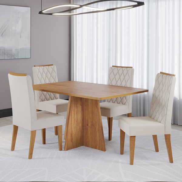 Conjunto Sala de Jantar Talento Mesa 120x80cm e 4 Cadeiras Iza Mel/Bege - Casa Giulia