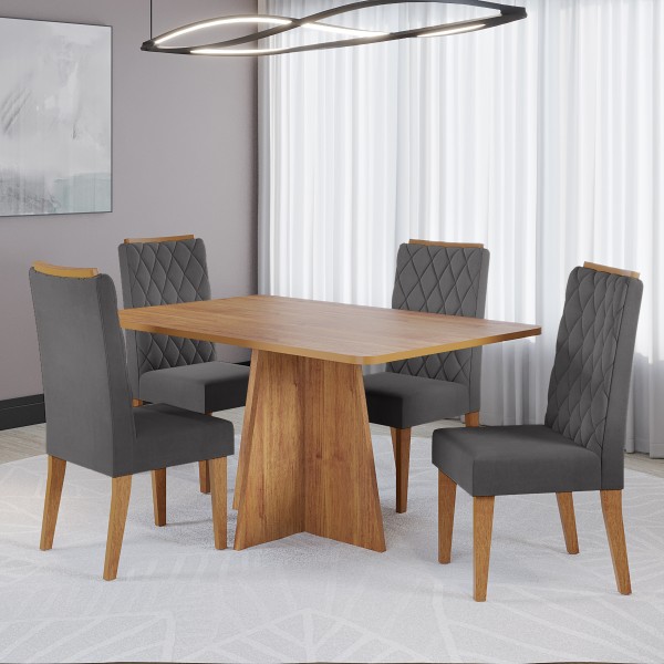 Conjunto Sala de Jantar Talento Mesa 120x80cm e 4 Cadeiras Iza Mel/Cinza - Casa Giulia