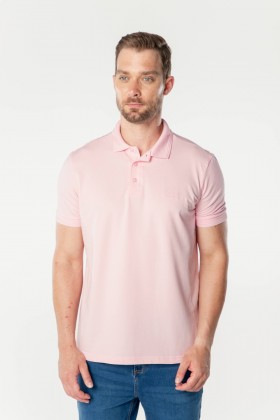 Camisa Polo Piquet  com Relevo e Bordado Marca e Logo - Rosa