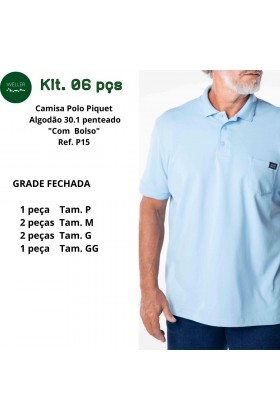 Kit Camisa Polo Piquet Weller com Bolso, Etiqueta e Relevo - Azul Claro