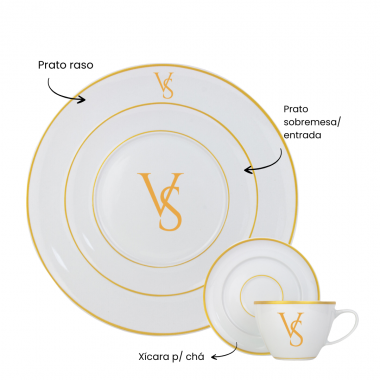 Kit 6 Xícaras e Pires de Porcelana Iniciais Personalizadas Dourado