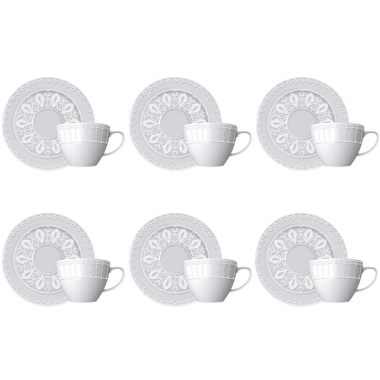Conjunto 6 Xícaras e 6 Pires P/Chá de Porcelana Palace