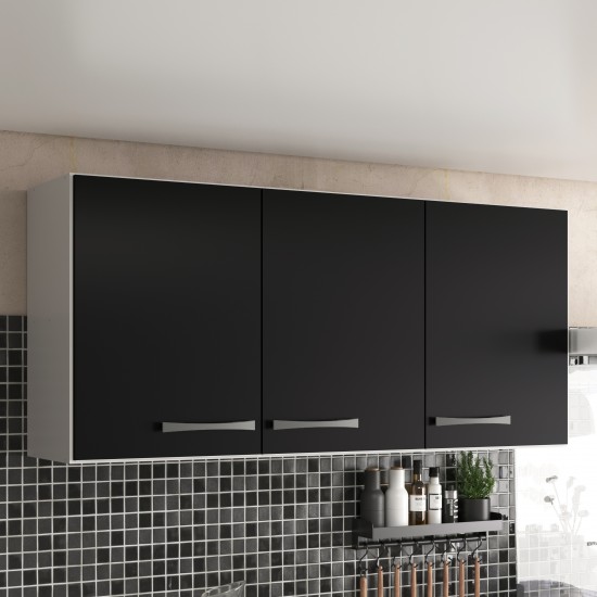 Armário Cozinha Serviço 3 Portas Aéreo Branco/Preto Pux Cinz