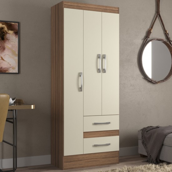 Guarda-Roupa Solteiro Nobre 3 Portas 2 Gavetas -Castanho/Off