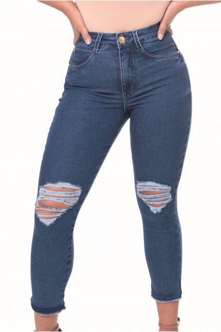 Calça Jeans Cropped Destroyed Empina Bumbum