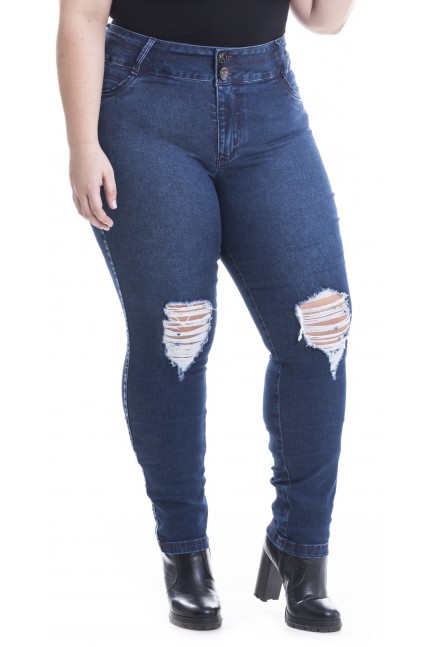 Calça Jeans Skinny Plus Size Destroyed