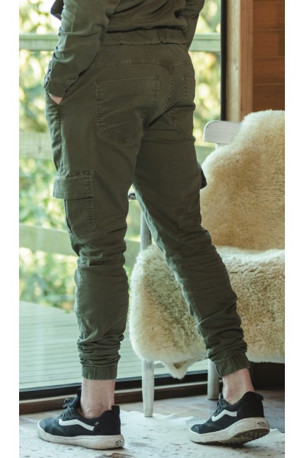 Calça Jeans Jogger Cargo com Cordão Verde Militar