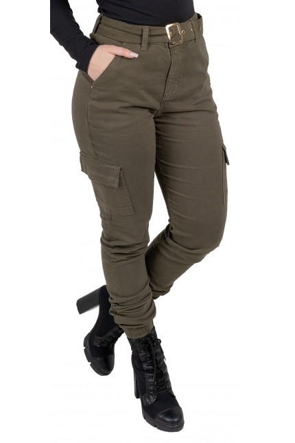 Calça Jeans Cargo Hot Pants com Cinto Verde Militar