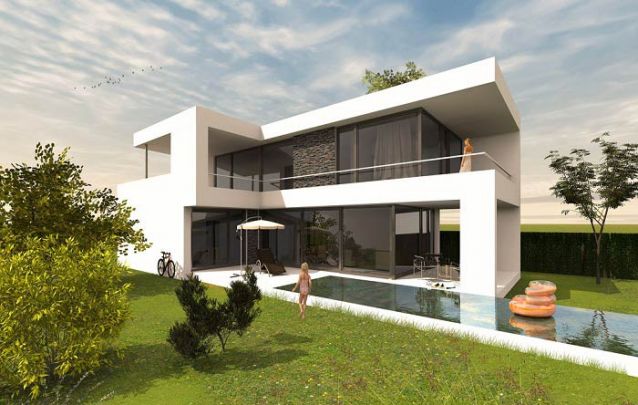 Projeto de casa moderna em “L” com piscina