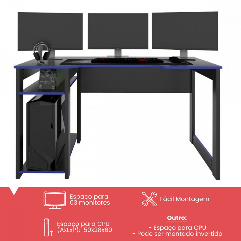 Mesa para Computador Gamer Tech para 2 Monitores 3 Prateleiras Preto -  Panorama Móveis