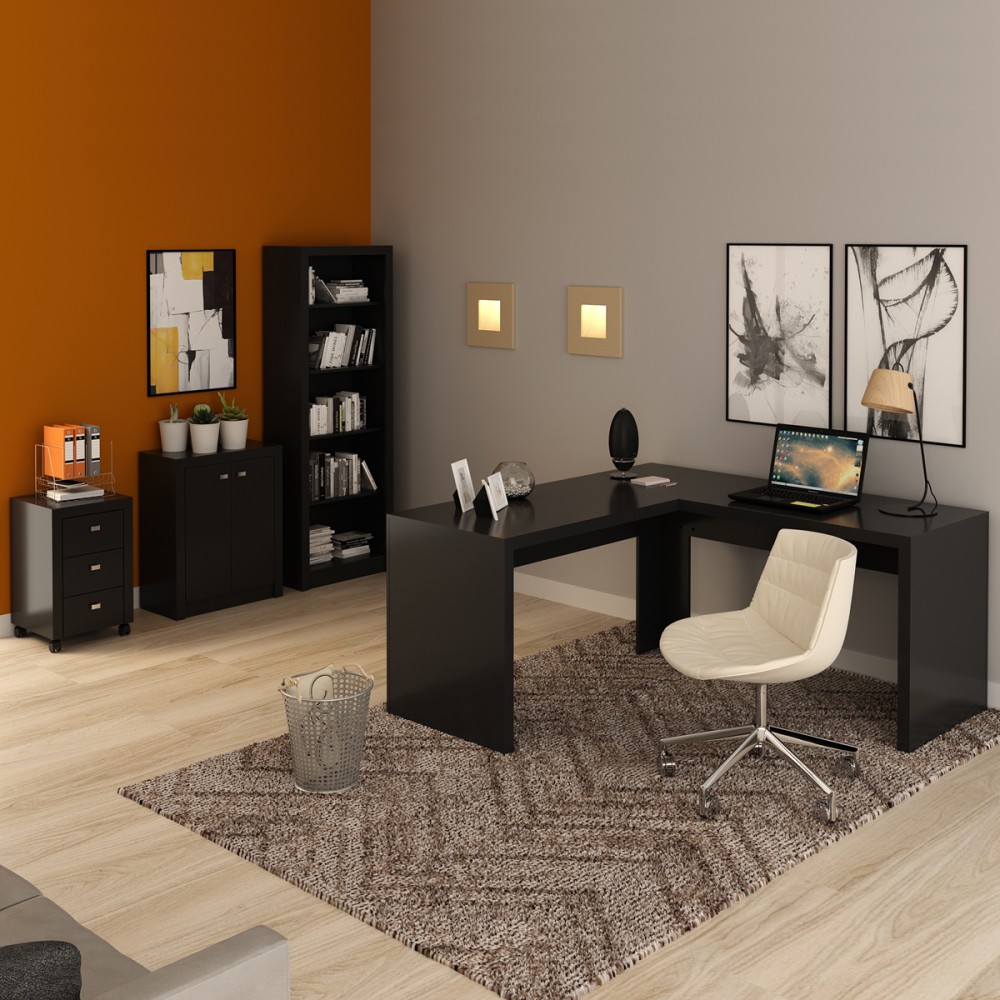 Conjunto Home Office 4 Peças com 1 Mesa em L, 1 Estante, 1