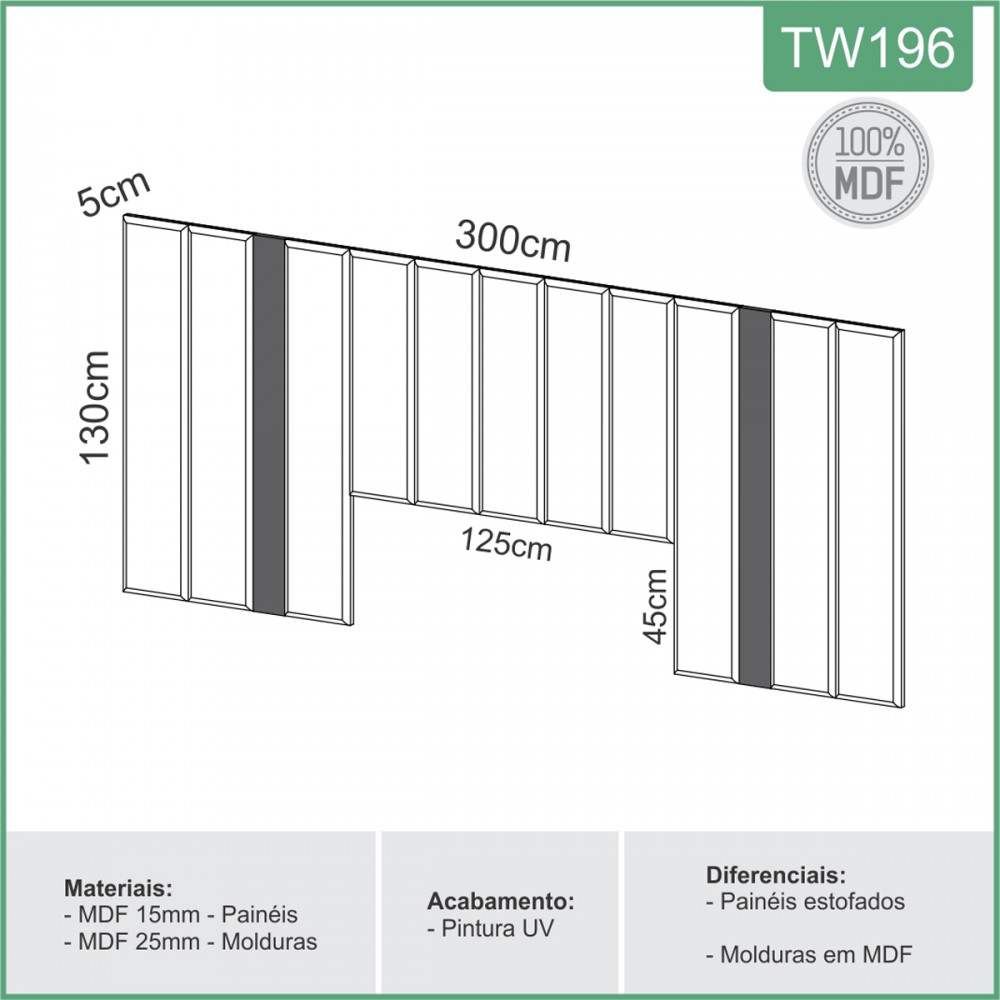 Cabeceira Para Cama Casal Queen King 3,00m 100% MDF Dalla Costa