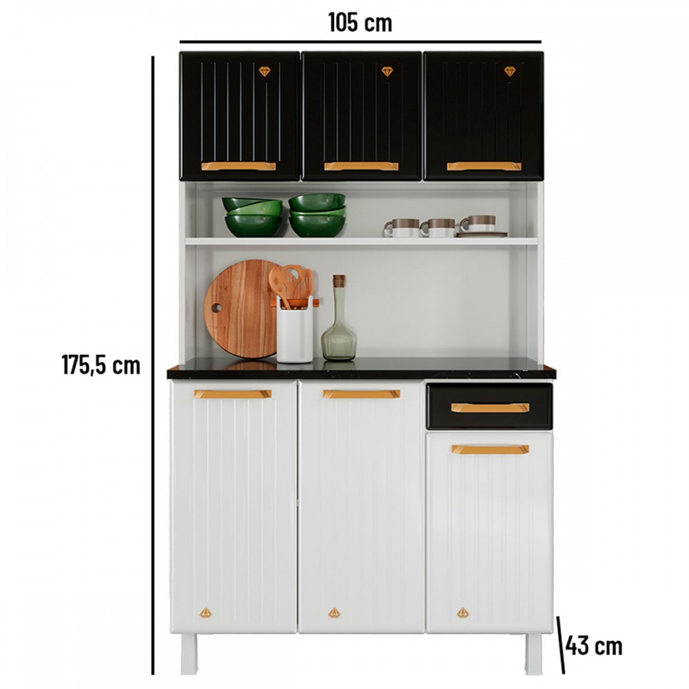 Armário De Cozinha Telasul Rubi 6 Portas 1 Gaveta, Com Vidro, Aço Branco E  Preto - 811226