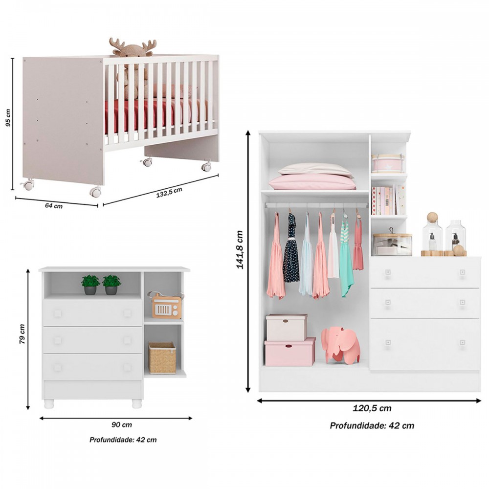 Roupeiro Helena 4 Portas e 2 Gavetas Branco para Quarto Infantil de Bebê  Infantil - Phoenix Baby 